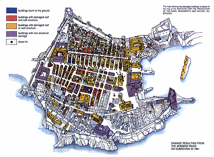 The map of 1991 bombing raids on Dubrovnik