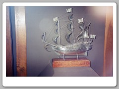 A silver ship in the museum building
